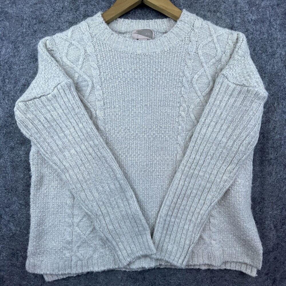 Cable Knit Sweater Womens Medium Heathered Cream 90s Y2K Jumper Cozy
